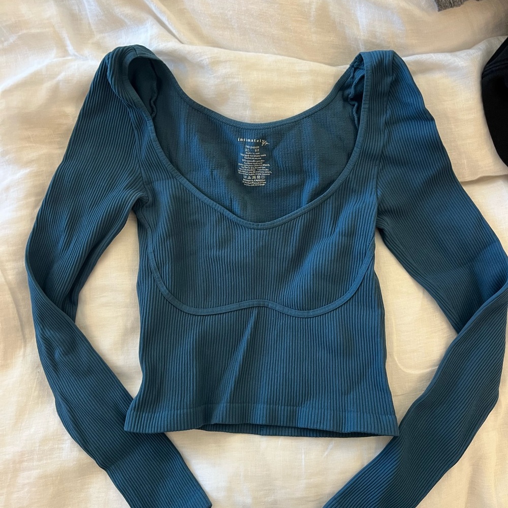 Free People Teal Ribbed Long-Sleeve Scoop Neck Top